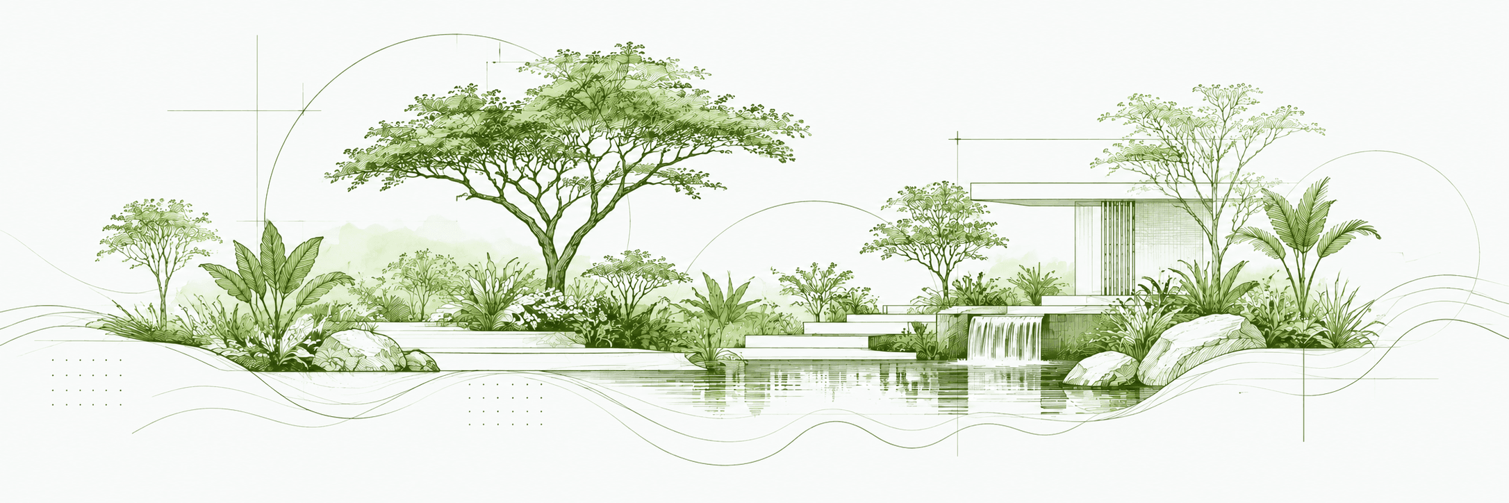 Star Gardens original architectural concept sketch showing modern cantilevered pavilion, waterfall weir, reflection pool and mature botanical canopy